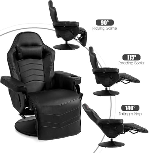 GYMAX Gaming Chair with Footrest, Massage Video Game Chairs for Adults with Remote, Adjustable Backrest, Headrest, Cup Holder & Side Pocket, Ergonomic High Back Office Computer Chair (Black)