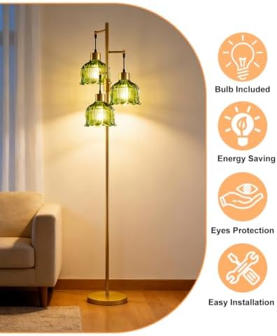 Lightdot Green Glass Floor Lamp Dimmable with LED Bulbs & Flower Shade
