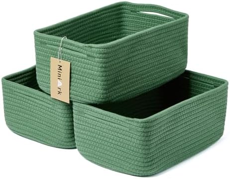 MiniArk Small Storage Baskets for Organizing | Closet Organizer Bins | Shelf Toy Basket | Woven Rope Baskets | Cube Decorative Box | Shallow Basket | 13x8.5x5.1” | 3 Packs Green