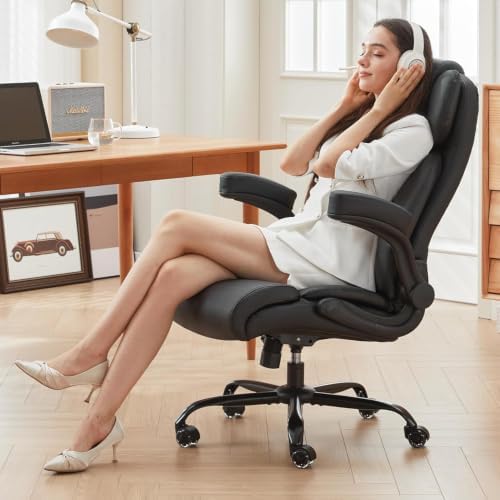 500lbs Big and Tall Office Chair Adjustable Lumbar Support for Back Pain, Extra Wide Seat Executive Office Chair Thick Armrest Pad, Heavy Duty Base&Upgraded Wheels, Ergonomic Desk Chair