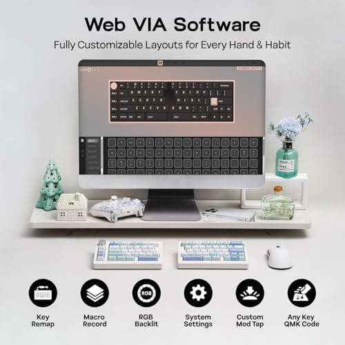 EPOMAKER Split70 Wireless Ergonomic Keyboard with QMK/VIA and Knob, Mechanical Gaming Keyboard with RGB, Hot-Swap, Creamy Linear Switch, PBT Keycap, Gasket, Mac Modifier, 70% Split Layout (White)
