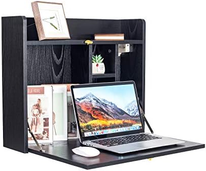 YU YUSING Wall Mounted Table, Multifunctional Fold Down Wall Mounted Laptop Computer Desk with Storage Compartments for Home, Office (Black)