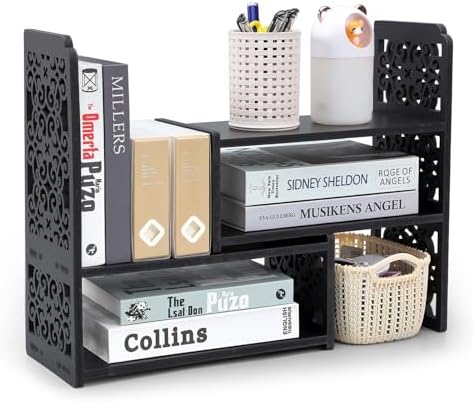 EARTHSON Desk Organizer Shelf, Expandable Bookshelf for Desk, Small Desktop Bookshelf, Mini Cute Adjustable Office Desk Shelves, Black
