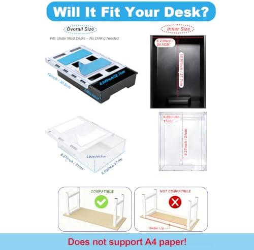 2 Pack 10.91"x 8.23" Under Desk Drawer Storage Organizer, Durable PC Material Self-Adhesive with Slide Out Rail, Hidden Hanging Desk Drawer for Office Supplies, Stationery, No Drilling Install, Black