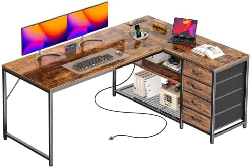 PRAISUN 53" L Shaped Desk with Power Outlets & 4 Drawers