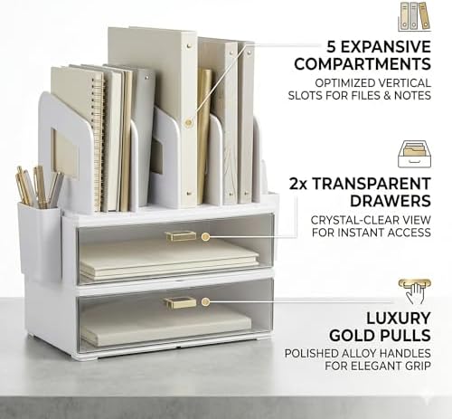 CiWiVOKi Desk Organizer with 4 File Slots and 2 Drawers, White