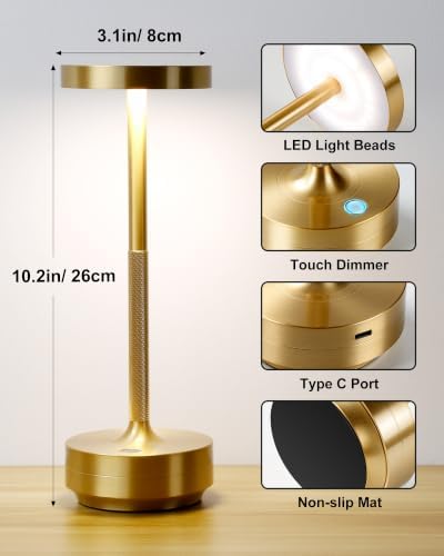 LED Cordless Lamp 5000mAh Table Lights Rechargeable 2-Pack Gold