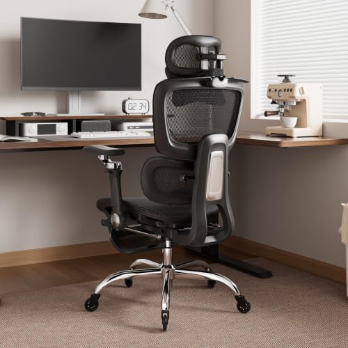 Office Chair with Footrest, Ergonomic Chair with 3D Headrest, Computer Chair with Adjustable Backrest & 6D Armrest, Gaming Chair with Adaptive Lumbar Support, Adjustable Seat Depth, Black