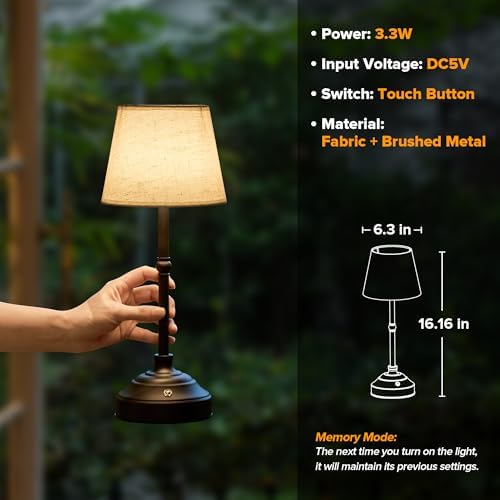 Cordless Table Lamp, Rechargeable Desk Lamp with Fabric Shade, Battery Operated Lamp 3 Color Stepless Dimming, Portable Small Touch Bedside Lamp Home Decor for Dining, Counter (Matte Black)
