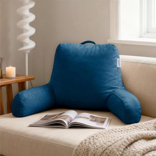 Reading Pillow with Adjustable Memory Foam,Adult Backrest with Arms, Back Pillow for Sitting in Bed with Washable Cover- Large, Navy Blue