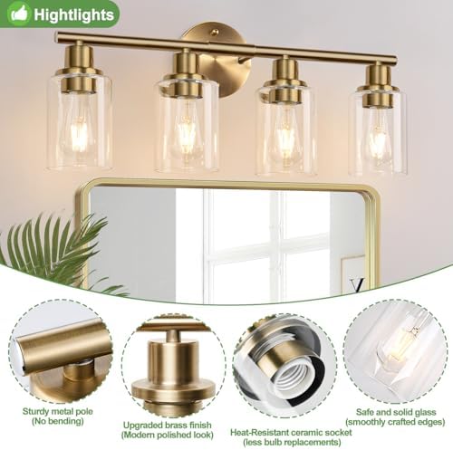 Zarbitta 4-Light Bathroom Light Fixtures, Brushed Brass Modern Vanity Lights with Cyan Glass Shades, Bathroom Wall Lamp for Mirror Kitchen Living Room