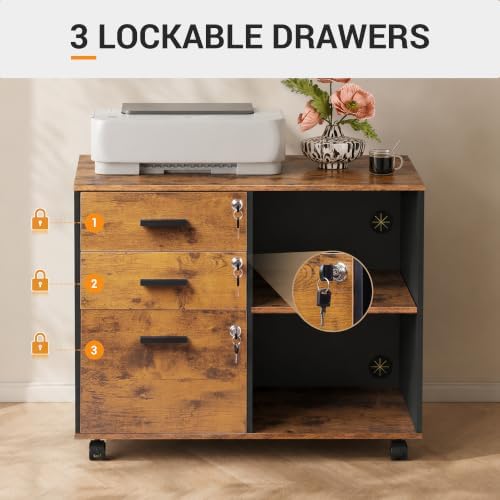 DEVAISE 3-Drawer File Cabinet with Lock, Wood Filing Cabinet, Rustic Brown