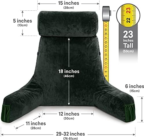 Husband Pillow Medium Reading Pillow with Arms - 23" Backrest for Sitting Up in Bed - Firm Support Bed Rest Pillow for Adults, Neck Roll, Removable Cover - TV, Reading, Lounging - Dark Green