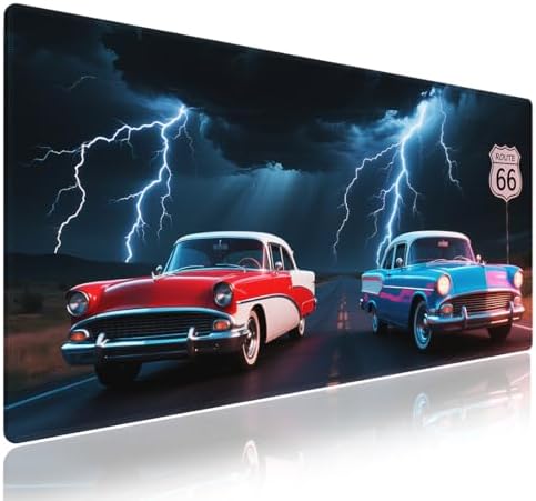 Classic Red & Blue Cars Large Mouse Pad, Lightning Scene Route 66 Desk Mat