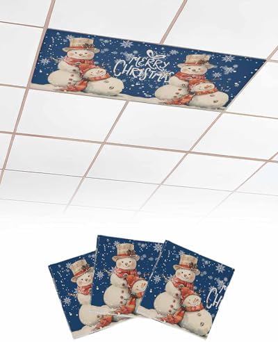 Christmas Snowman Magnetic Fluorescent Light Covers for Ceiling Lights 2 x 4 Feet,Vintage Snowflakes Watercolor Blue Office Classroom Kitchen Drop Ceiling Light Covers Filters Shade Panel 3 Packs