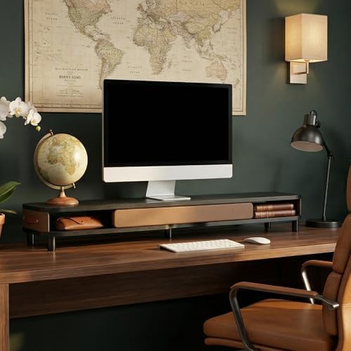Fenge Dual Monitor Stand with Large Storage Drawer, 42.5" Desk Shelf, Black