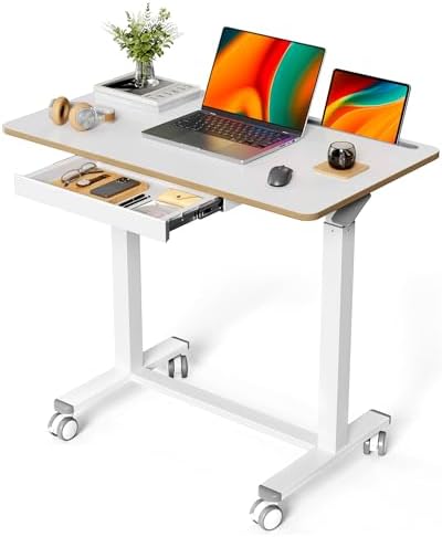 Mobile Standing Desk with Drawer, Height Adjustable, 35" White
