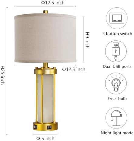 RORIA Modern Table Lamps for Living Room Set of 2 with 2 USB Ports