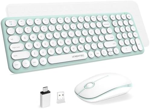 Wireless Keyboard and Mouse Combo,XTREMTEC 2.4GHz Quiet Slim Cute Round Keycap Compact Size Green Kawaii Cordless Retro Keyboard Mouse Set Home Office Accessories for Mac/Windows(Macaron Green)