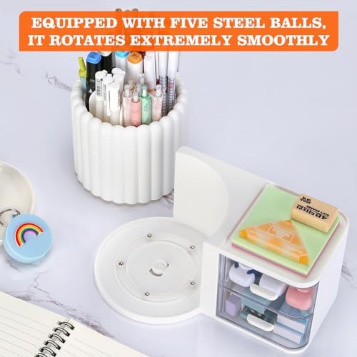 LETURE Rotating Office Desk Organizers and Accessories with 2 Drawer, Pencil Pen Marker Holder for Desk, Desktop Storage Organizers and Accessories for Office Home Art Supplies (White)