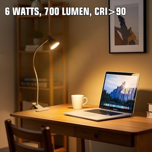 Clamp Desk Lamp, Clip on Reading Light, 3000K-6500K Adjustable Color Temperature, Multiple Illumination Modes, CRI>90, 6Watts (Adapter Included)