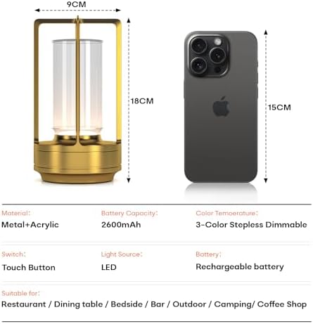 Portable Metal Table Lamp for Indoor/Outdoor ,Rechargeable Cordless LED Lamp, 3-Colour Infinitely Dimming Battery Powered Small Desk Lamp, Restaurant/Bedroom/Bar/Coffee/Camping Light (Gold Set of 2)