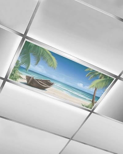 Summer 1 Pcs Fluorescent Light Covers, Ocean Beach Palm Tree Nautical Vessel Magnetic Filters Shade Panel Light Covers for Ceiling Lights Classroom Office Home Ceiling Decoration, 4 x 2 Ft