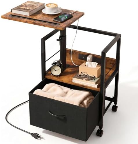 Faesun Night Stand with Charging Station & Swivel Top, Brown Black