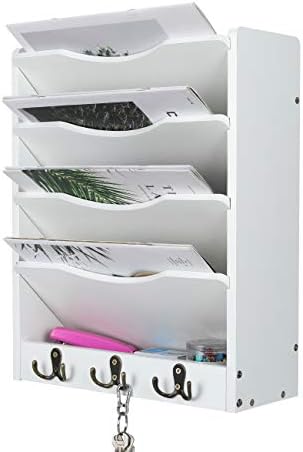 PAG-Mass 5-Tier Wall File Holder Hanging Mail Organizer Wood Magazine Literature Rack with 6 Hooks, White