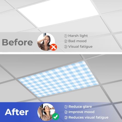4 Pcs Fluorescent Light Covers for Ceiling Lights blue white Gingham check Magnetic Light Filters Decorative for Classroom Office Hospital Home 4x2 Ft