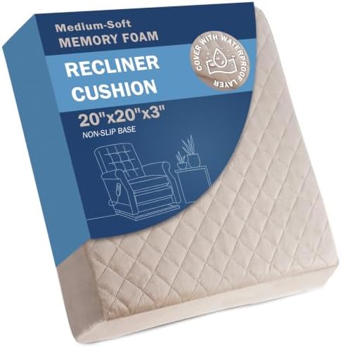 Medium-Soft 20x20x3 Memory Foam Recliner Chair Seat Cushion for Long Sitting - Armchair Pad with Washable Velvety Cover with Waterproof Layer & Non-Slip Base for Seniors & Elderly - Beige