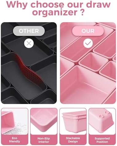 BiuLeon 25 PCS Plastic Drawer Organizers Set, 4-Sizes Vanity and Makeup Organizer, Desk and bathroom Drawer Organizer Trays, Organizers and Storage for Makeup, Jewelry, Gadgets, Utensils (Pink)