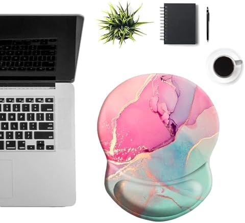 Ergonomic Mouse Pad with Support - Comfortable Wrist Rest, Non-Slip PU Base for Home Office, Studying, Gaming (Pink Green Marble)