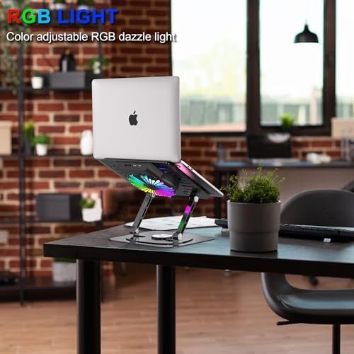 Laptop Stand,with 360°Rotating Base,External Cooling Fan,Adjustable RGB Lighting,Ergonomic Foldable Notebook Computer Holder.Compatible with All 10-17" Laptops Tablets,Black, E0B22-01