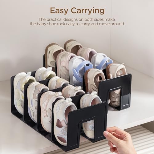 HBlife Black Acrylic Kids Shoe Rack for Closet Organizers and Storage, Small Shoe Rack 4 Sections Toddler Baby Shoe Storage Organizer Stackable Shoe Shelf,Desk File Sorter Book Purse Organizer(2 Pack)
