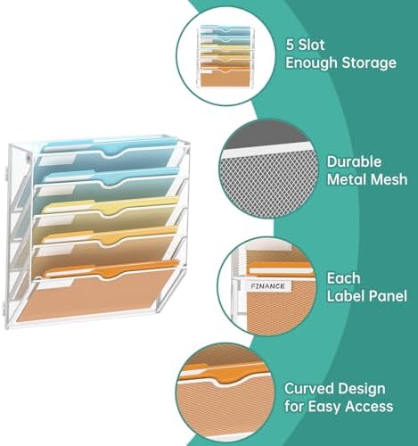 SUPEASY 5 Tier Wall File Organizer, Hanging Wall Mounted Mail Organizer with Label Slots, Metal Mesh File Holder Magazine Rack for Office, Home, School or Classroom, White