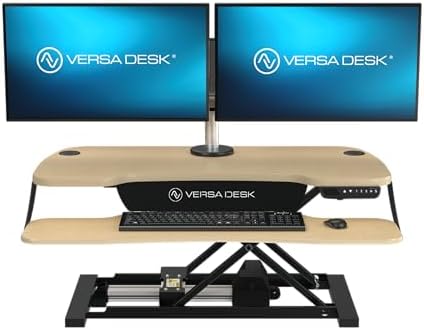 VERSADESK PowerPro Elite 36” x 24" – App Controlled Electric Standing Desk Converter w/USB Charging Port. Raises up to 20”. Fully Assembled – Includes LED Lights. Supports 80 lbs. – Maple