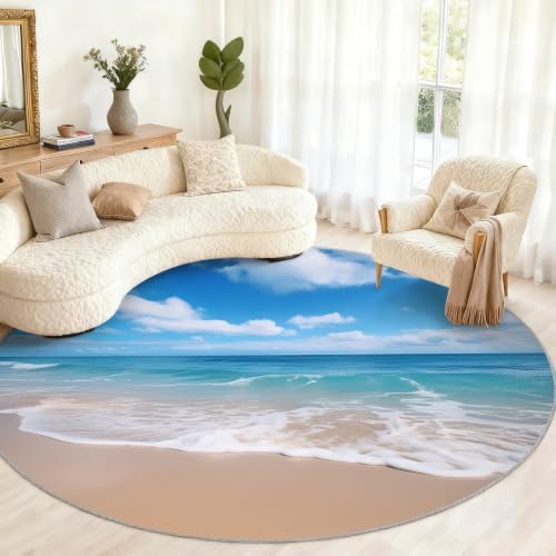 Ocean Theme Round Rug - 8ft Washable Ocean Round Area Rug for Living Room, Natural Landscape Circle Rugs Soft Non-Slip Carpet for Bedroom Dining Table Coffee Table Decor Mat