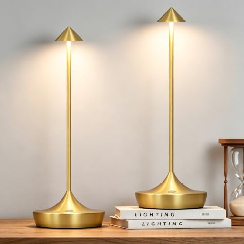 Cordless Rechargeable LED Table Lamp Set of 2, Gold