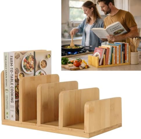 Natural Bamboo Cookbook Organizer Stand, 4 Slots Vertical Book Rack for Kitchen Countertop,Sturdy Recipe Book Holder & Binder Organizer,Easy to Assemble Cookbook Storage for Desk,Living Room
