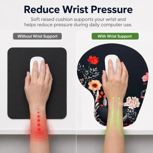 Mouse Pad with Wrist Support, Ergonomic Mouse Pads with Memory Foam Wrist Rest, Easy Typing Pain Relief, Comfortable Home Office Computer Wrist Support Pads for Working Studying Gaming, Flower Black