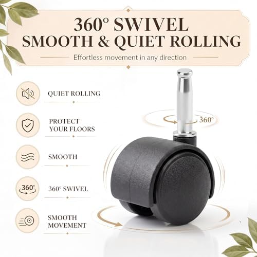 BBTO 8 Pcs 1.5 Inch M8 Swivel Stem Casters Wheels Replacement, M8 Grip Neck Stem Caster, Heavy Duty 360° Standing Desk Wheels, No Noise, Black Nylon, for Cart Furniture Table Cabinet Shelf