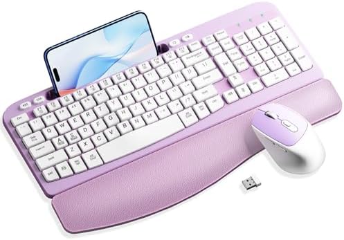 Hayyiesh Ergonomic Wave Keys Wireless Keyboard and Mouse Combo, Full Size with Memory Foam Wrist Rest & Phone Holder, 2.4G Cordless Set with USB-C Adapter for Windows Mac Desktop Laptop (Purple)