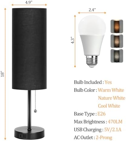 Dott Arts 18" Table Lamp for Bedroom, 3-Color Bedside Lamps with Pull Chain