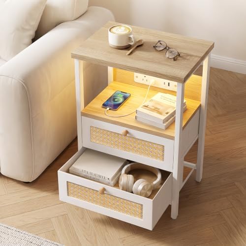Fixwal Night Stand with Charging Station, Led Nightstand, 2 Fabric Drawers