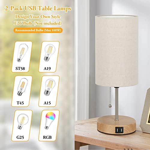 Lakumu Set of 2 Table Lamps, Modern Bedside Desk Lamps with Pull Chain