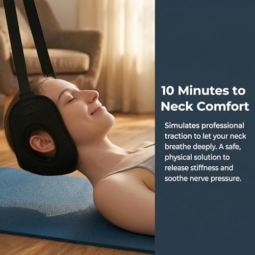 Adjustable Neck Traction Stretcher Strap for Cervical Relief, Portable Neck Decompression Device with Ear Holes & Release Buckle, Durable Cervical Traction Device for Home & Outdoor Use (Black)