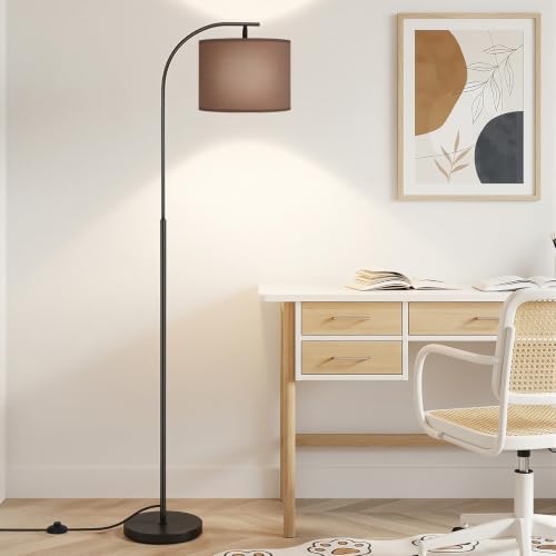 SIBRILLE Floor Lamp with Linen Shade, Arc Dimmable Tall Standing Lamp with Remote Control, Modern Floor Reading Light for Living Room Bedroom Office Corner, 9W LED Bulb Included
