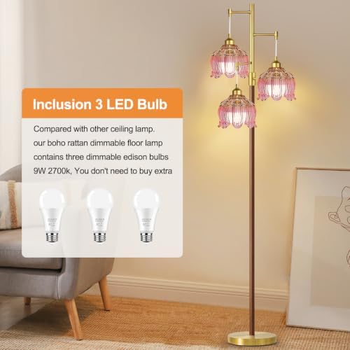 Vintage Floor Lamps for Living Room 3 Light Glass Floor Lamp with Pink Glass Lampshape, Dimmable Flower Floor Lamp Gold Mid Century Modern Standing Lamp Tall Tree Wood Floor Lamp for Bedroom Corner