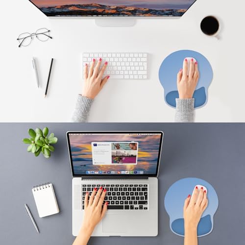 ITNRSIIET Ergonomic Mouse Pad with Wider Memory Foam Wrist Rest +17%, Curved Cushion Reduces Pressure 20%, Pain Relief, Non-Slip, Smooth, Cute Color Desk Accessory, 9.85 x 9 inch, Blue